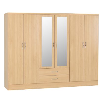 5400f1ee42aaad8aab94c30b95665693b4f54b7ed694f0fb78ac6d8d34e755df.jpg An Image of Nevada 6 Door 2 Drawer Oak Effect Mirrored Wardrobe Light Oak (Brown)