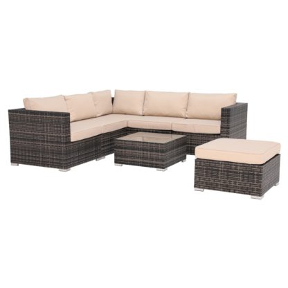 An Image of Amble Corner Garden Dining Set with Rising Table in Brown Weave and Beige Fabric