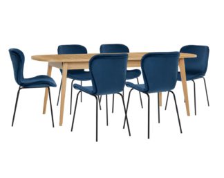 An Image of Habitat Etta Wood Veneer Extending Table & 6 Navy Chairs