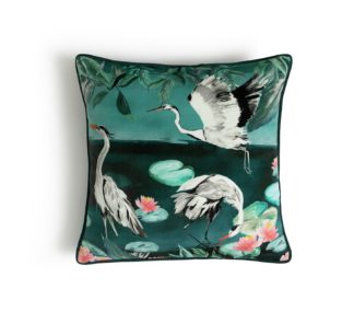 An Image of Habitat Japonica Crane Patterned Cushion - Teal - 43x43cm