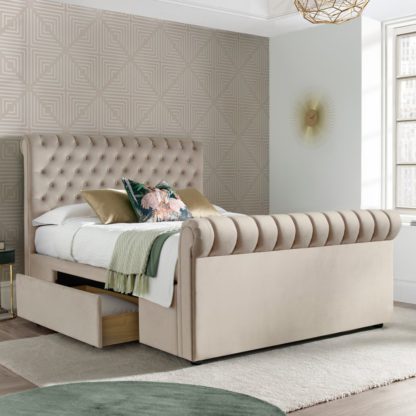 7a6bdad2682abc7f7566a0847568322f2b6f26ff1185f65708396e8e80b904f7.jpg An Image of Deacon Warm Stone Velvet Fabric 2 Drawer Sleigh Bed - 4ft6 Double
