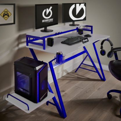 An Image of Carbon Fibre Effect Blue Gaming Desk Blue/White