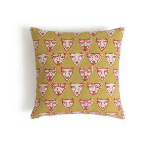 An Image of Habitat Tiger Face Print Cushion Mustard - 43x43cm