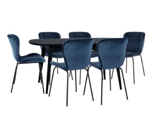 An Image of Habitat Etta Wood Veneer Extending Table & 6 Navy Chairs