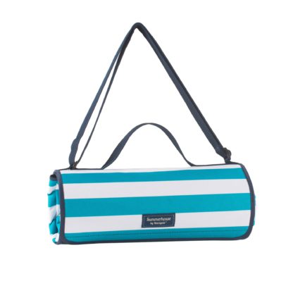 c937b13eca939e7c5da474a3b659e06b0e5c4b08ca95f8ea43a25a5dabd256c2.jpg An Image of Coast Aqua Striped Waterproof Picnic Blanket Blue and White