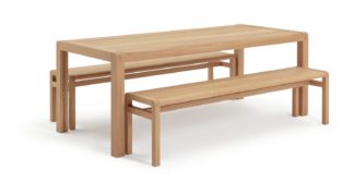 An Image of Habitat Radius Solid Wood Dining Table & 2 Oak Benches