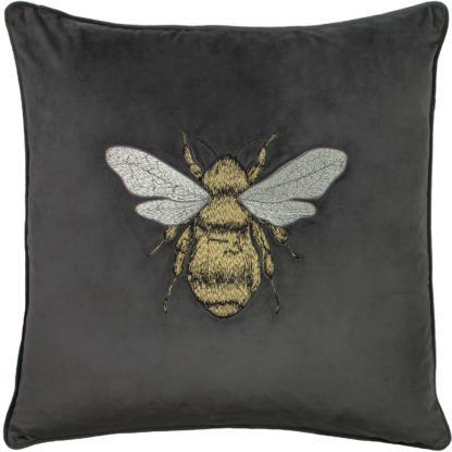 An Image of Bee Embroidered Velvet Cushion - Charcoal