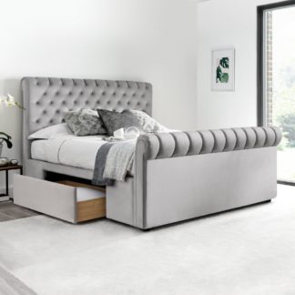 An Image of Deacon Grey Velvet Fabric 2 Drawer Sleigh Bed - 5ft King Size