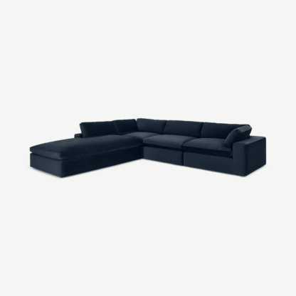 00fda8b2203161dac2593667a96f3714f9840af4a621f03769bf7eb6c080dd0b-1.png An Image of Samona Left Hand Facing Full Corner Sofa, Dark Blue Velvet