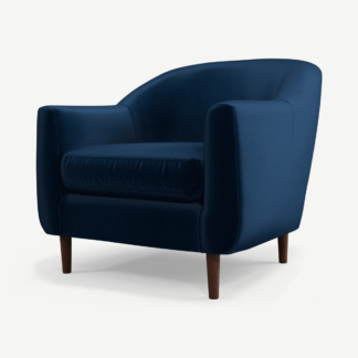 An Image of Tubby Armchair, Regal Blue Velvet with Dark Wood Legs