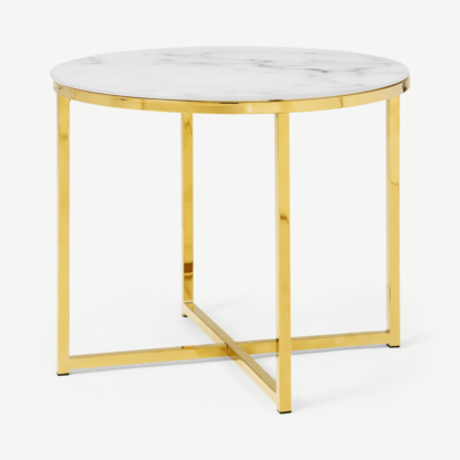 An Image of Alisma Round Side Table, Frosted Marble Effect Glass & Brass