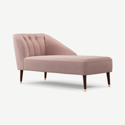An Image of Margot Right Hand Facing Chaise Longue, Pink Cotton Velvet with Dark Wood Copper Legs