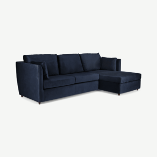 An Image of Milner Right Hand Facing Corner Storage Sofa Bed with Memory Foam Mattress, Regal Blue Velvet