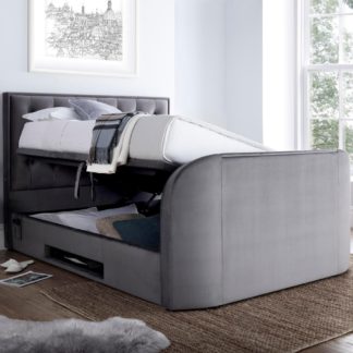 An Image of Lyon Grey Velvet Fabric Ottoman Electric Media TV Bed Frame - 6ft Super King Size