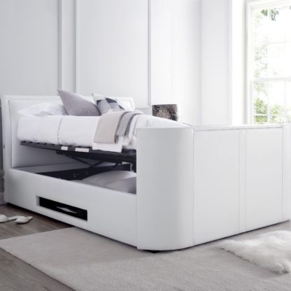 An Image of Ardwick White Leather Media Electric TV Bed Frame - 6ft Super King Size
