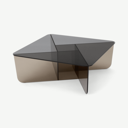 An Image of Oki Square Coffee Table, Smoked Grey & Amber Glass
