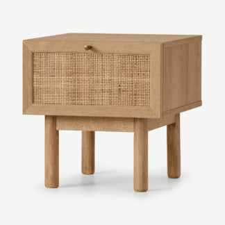 An Image of Pavia Bedside Table, Natural Rattan & Oak Effect