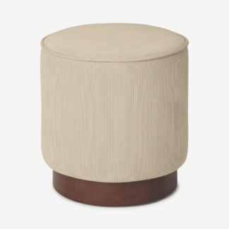 An Image of Hetherington Small Wooden Pouffe, Stone Corduroy Velvet with Dark Stain Wood