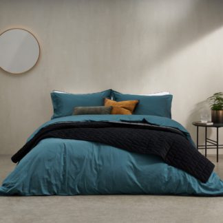 An Image of Hylia Washed Cotton Satin Duvet Cover + 2 Pillowcases, King, Teal Blue