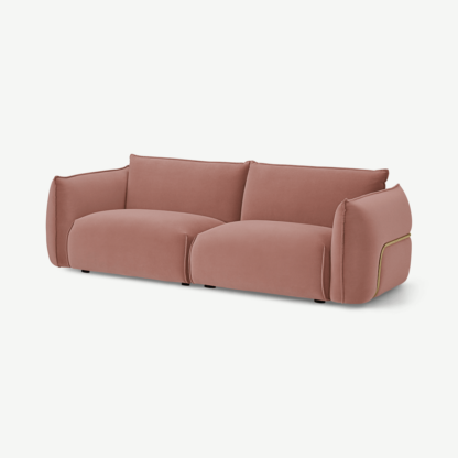 An Image of Dion 3 Seater Sofa, Blush Pink Velvet with Brass Frame