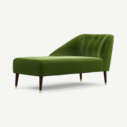 An Image of Margot Left Hand Facing Chaise Longue, Spruce Green Cotton Velvet with Dark Wood Brass Leg