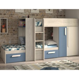 An Image of Barca Blue and Oak Wooden Bunk Bed Frame - EU Single