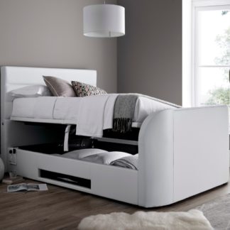 An Image of Annecy White Leather Ottoman Media Electric TV Bed Frame - 5ft King Size