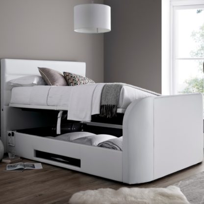 215db6114acf29b373a9ed11e2db3e48bffef0066c274c22e44803cf674c6729-1.jpg An Image of Annecy White Leather Ottoman Media Electric TV Bed Frame - 5ft King Size