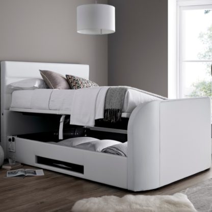 An Image of Annecy White Leather Ottoman Media Electric TV Bed Frame - 6ft Super King Size