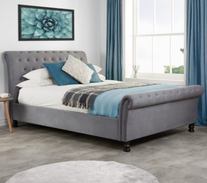 An Image of Opulence Grey Velvet Fabric Scroll Sleigh Bed Frame - 4ft6 Double