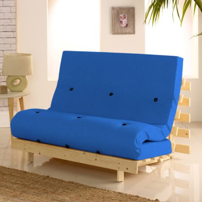 An Image of Metro Pine Wooden 1 Seater Chair/Folding Guest Bed with Dark Blue Futon Mattress - 2ft6 Small Single