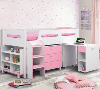 An Image of Wooden Kids Mid Sleeper Sleep Station Desk Cabin Storage Bed Frame 3ft Single Kimbo Pink and White