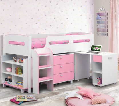 24b2330acc1d5c47af635aa4b2e3b9e9b1807f2e23f778d8cfbdafa43a74c206.jpg An Image of Wooden Kids Mid Sleeper Sleep Station Desk Cabin Storage Bed Frame 3ft Single Kimbo Pink and White