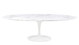 An Image of Knoll Saarinen Tulip Oval Dining Table Arabescato Coated Marble