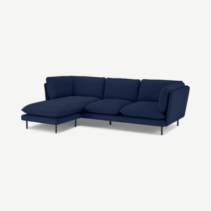 An Image of Wes 3 Seater Chaise End Corner Sofa, Midnight Blue Corduroy Velvet