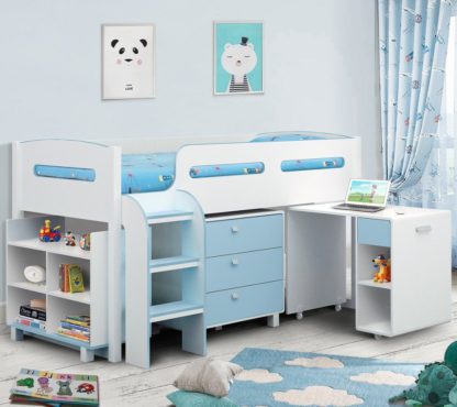 An Image of Wooden Kids Mid Sleeper Sleep Station Desk Cabin Storage Bed Frame 3ft Single Kimbo Blue and White