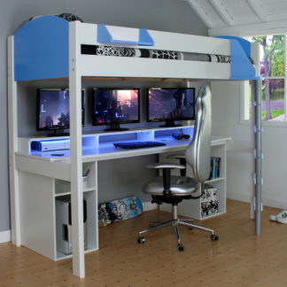 An Image of Noah White and Blue Wooden Gaming High Sleeper with Storage Frame Only - EU Single