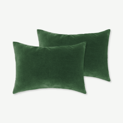 An Image of Lorna Set of 2 Velvet Cushions, 35 x 50cm, Leaf Green