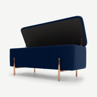 An Image of Asare 110cm Upholstered Ottoman Storage Bench, Royal Blue Velvet and Copper