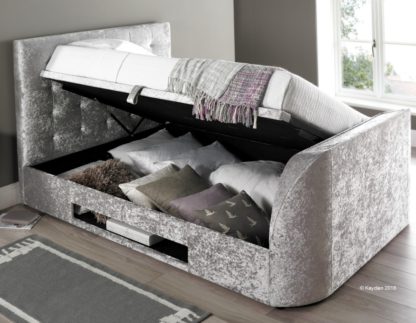 An Image of Barnard Silver Velvet Fabric Electric TV Ottoman Storage Bed Frame - 4ft6 Double