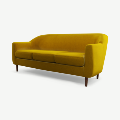An Image of Tubby 3 Seater Sofa, Saffron Yellow Velvet with Dark Wood Legs