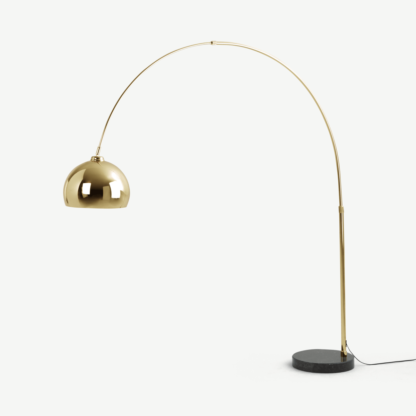 An Image of Bow Large Arc Overreach Floor Lamp, Brass and Black Marble