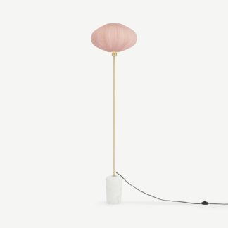 An Image of Bonney Pleated Shade Floor Lamp, Brushed Brass, Marble & Pink