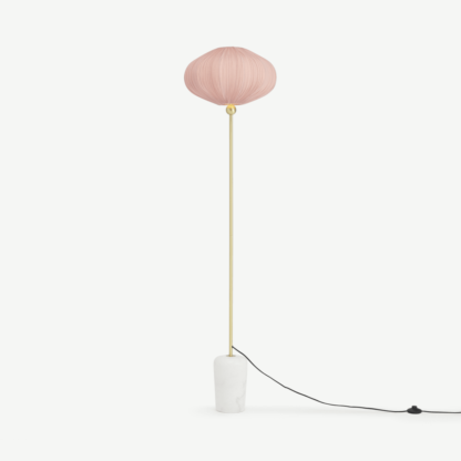 An Image of Bonney Pleated Shade Floor Lamp, Brushed Brass, Marble & Pink