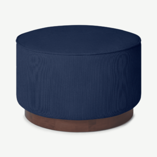 An Image of Hetherington Large Wooden Pouffe, Midnight Corduroy Velvet with Dark Stain Wood