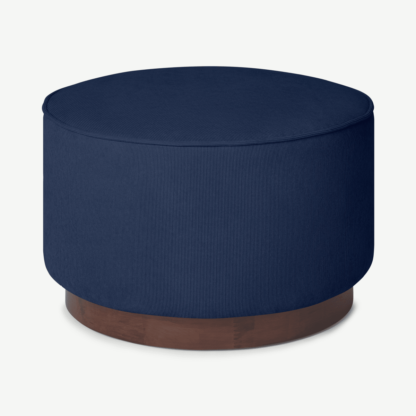 An Image of Hetherington Large Wooden Pouffe, Midnight Corduroy Velvet with Dark Stain Wood
