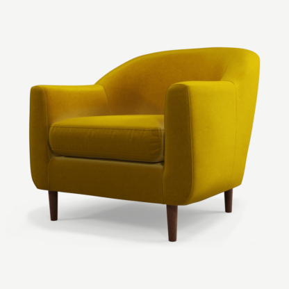 An Image of Tubby Armchair, Saffron Yellow Velvet with Dark Wood Legs