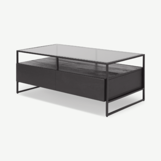 An Image of Kilby Storage Coffee Table, Black Stain Mango Wood and Smoked Glass