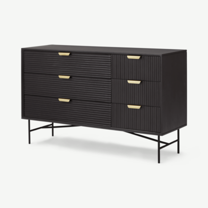 An Image of Haines Wide Chest of Drawers, Charcoal Black Mango Wood & Brass