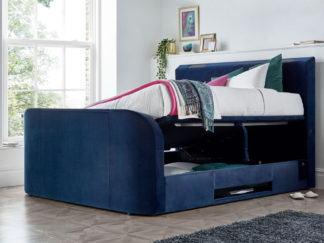 An Image of Paris Blue Velvet Fabric Ottoman Electric Media TV Bed Frame - 6ft Super King Size
